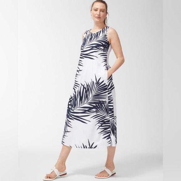 Chico’s Palm Print Back Tier Mini Dress in Navy and White, size 0.5/US 6, NWT! - Picture 2 of 11